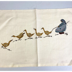 Completed Vintage Cross Stitch Farm Woman and Ducks Geese